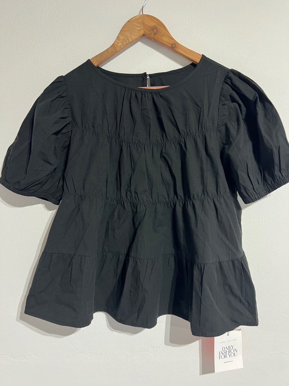 Black Puff-Sleeve Tiered Peplum Blouse - Daily Fashion For You